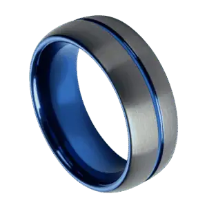 The Flow gunmetal grey tungsten men’s ring with polished blue inlay and custom engraving option.