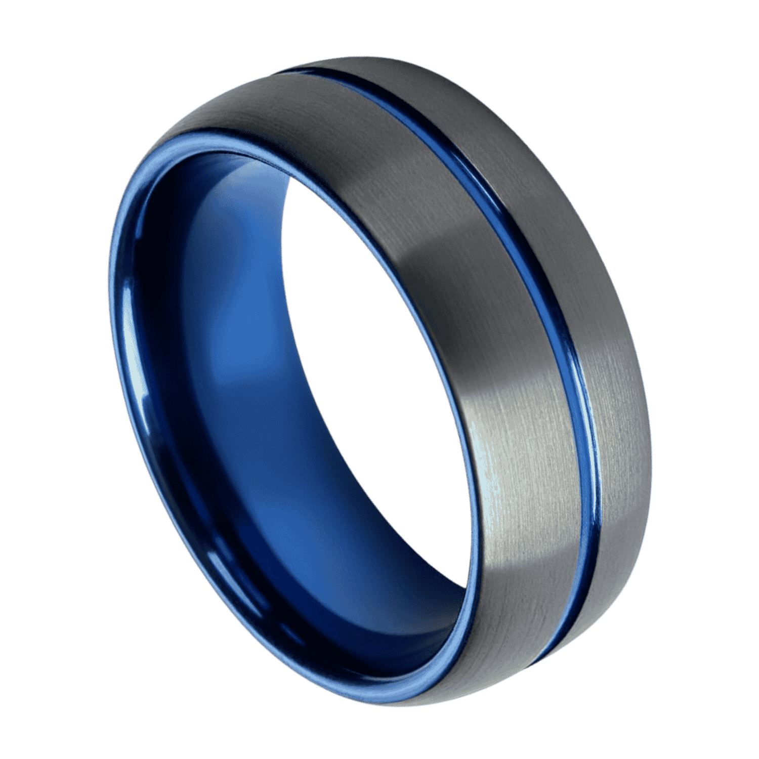 The Flow gunmetal grey tungsten men’s ring with polished blue inlay and custom engraving option.