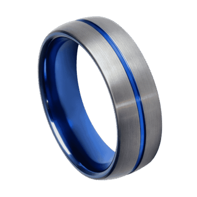 A gunmetal grey tungsten ring that has a brushed finish. This ring is made distinctive by its vibrant groove of blue that runs through the centre of the ring.