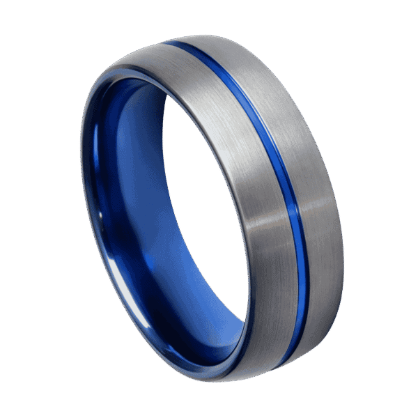 A gunmetal grey tungsten ring that has a brushed finish. This ring is made distinctive by its vibrant groove of blue that runs through the centre of the ring.
