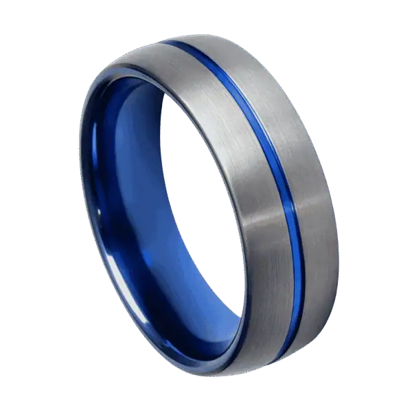 A gunmetal grey tungsten ring that has a brushed finish. This ring is made distinctive by its vibrant groove of blue that runs through the centre of the ring.