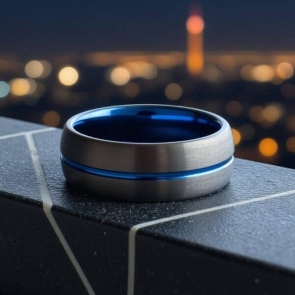 Mens gunmetal grey ring with groove of blue