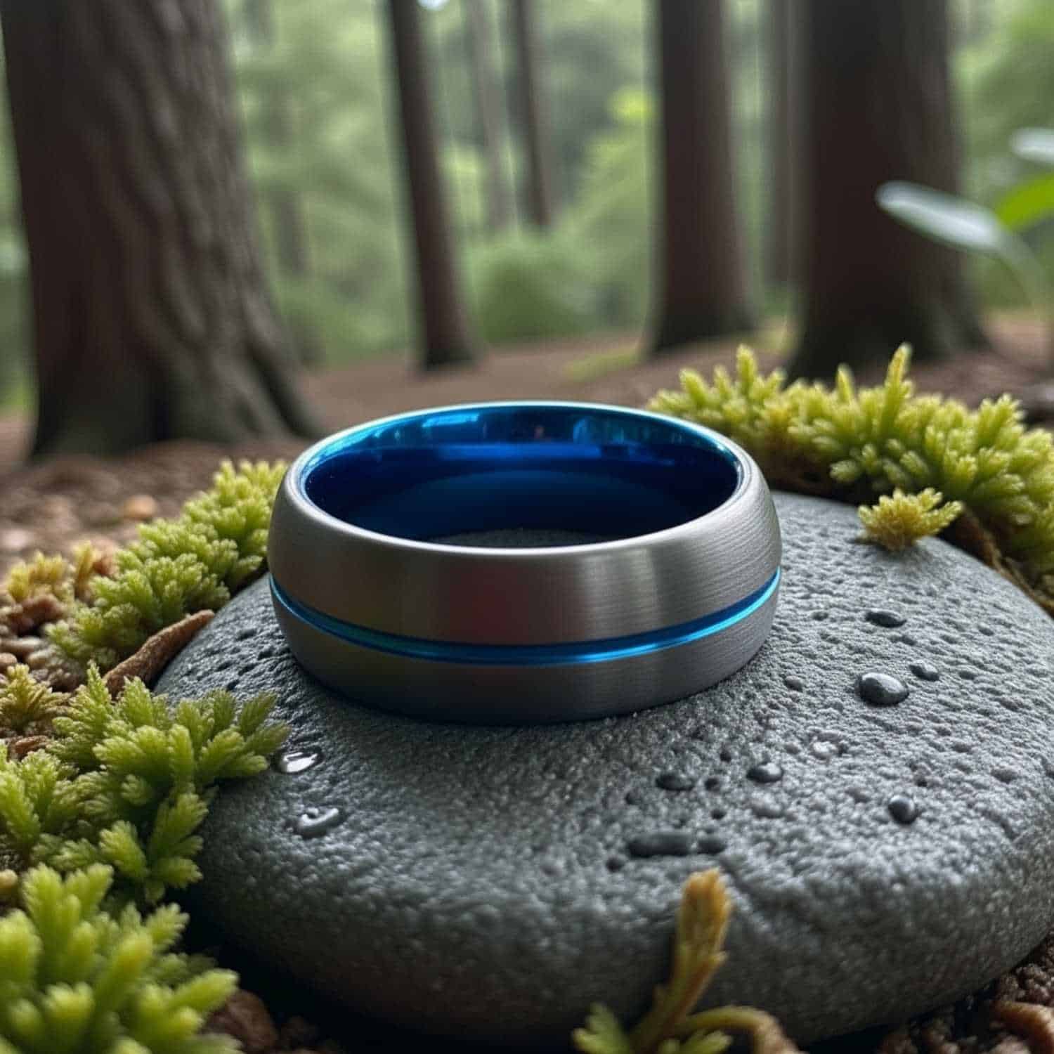 Gunmetal grey and blue men’s tungsten wedding band with polished blue inlay, perfect for engraving.