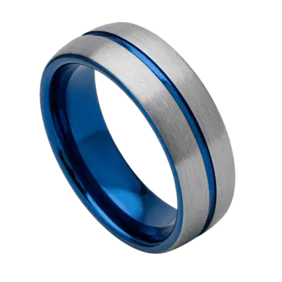 Close-up of the Flow 8mm brushed gunmetal grey tungsten ring with a polished blue centre groove and blue interior on a white background.