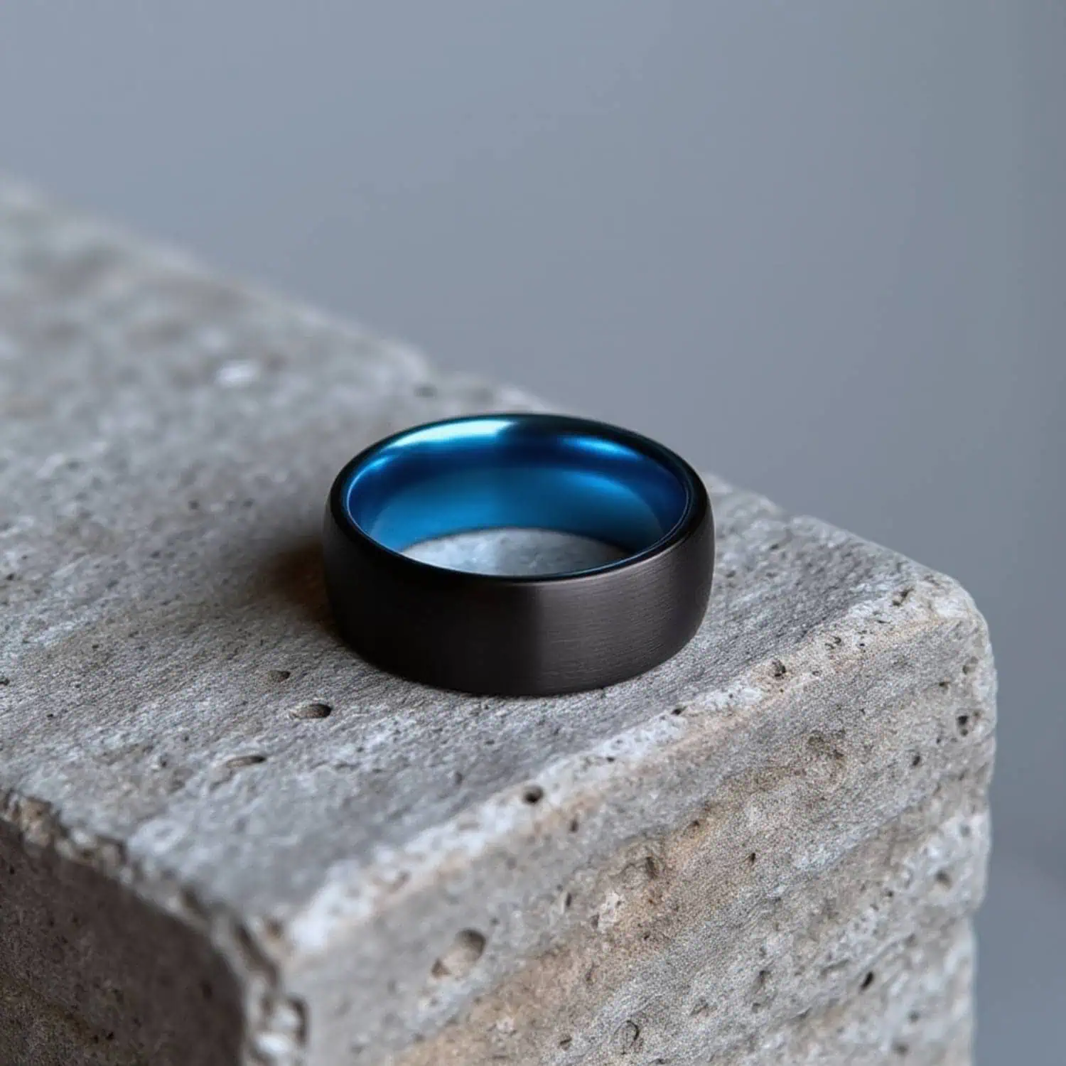The Valley tungsten black and blue ring for men with brushed finish and personalised engraving option.