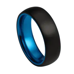 Black and blue men’s tungsten wedding band with brushed exterior and blue interior, available with engraving.