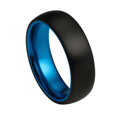 Black and blue men’s tungsten wedding band with brushed exterior and blue interior, available with engraving.