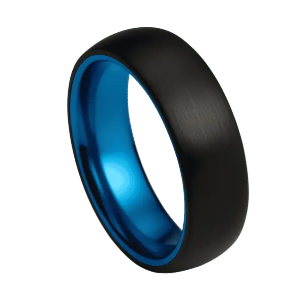 Black and blue men’s tungsten wedding band with brushed exterior and blue interior, available with engraving.