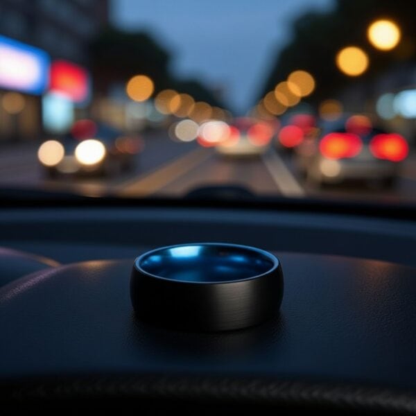 Black and blue men’s tungsten ring, perfect as an engraved wedding or anniversary band for him.