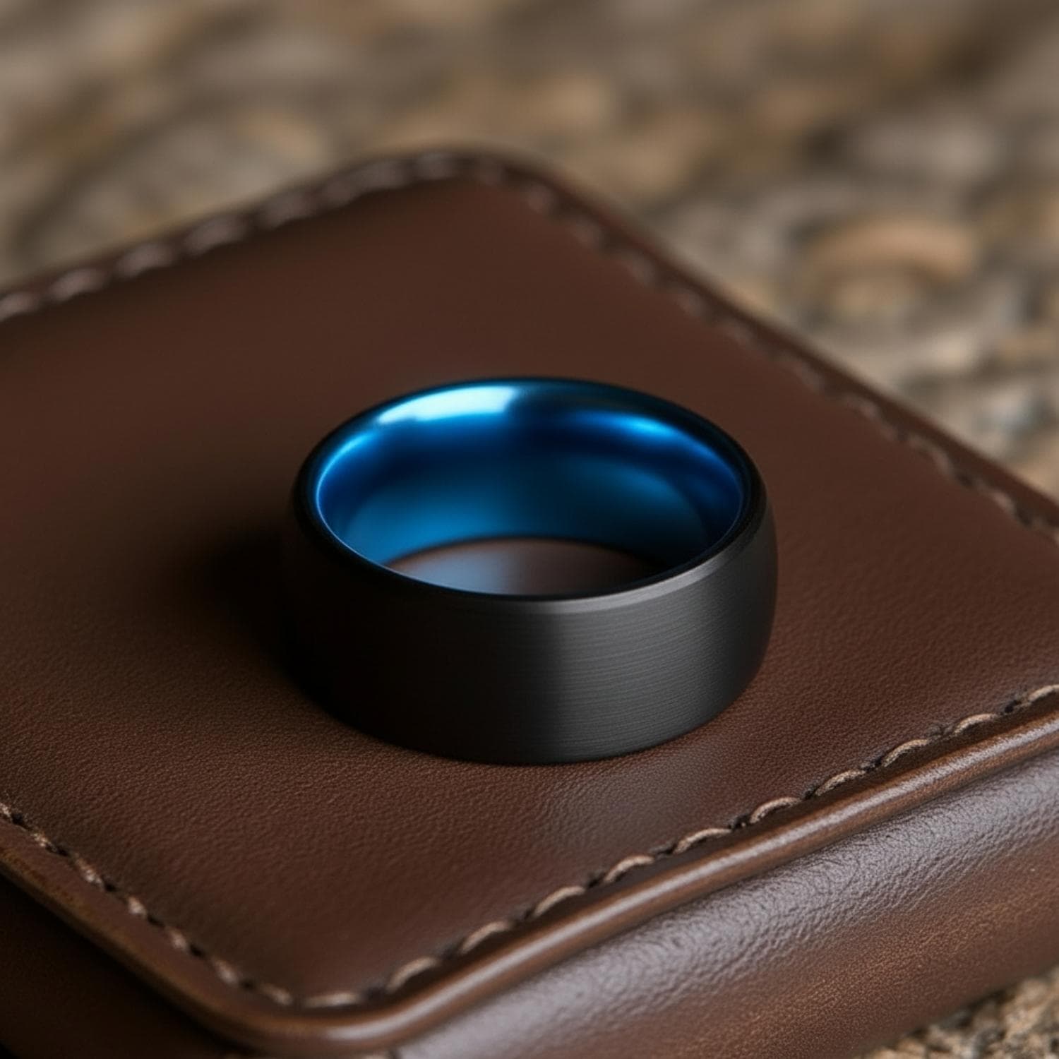 Menโs tungsten ring in black and blue with brushed finish and custom engraved interior.