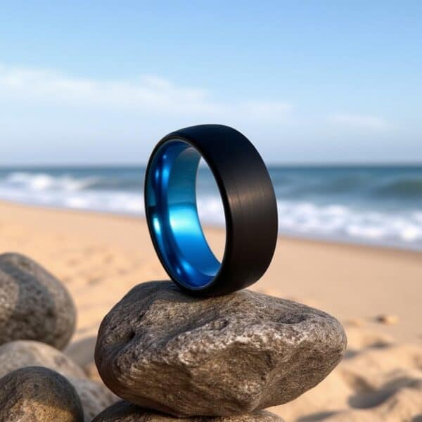 lue and black tungsten men’s ring, ideal as a wedding band or eternity ring, available with engraving.