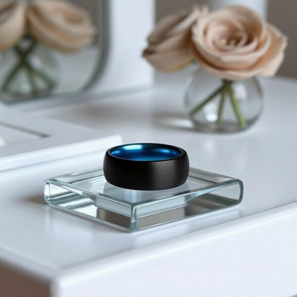 Black brushed tungsten ring for men with blue interior, perfect as an engraved wedding or promise ring.