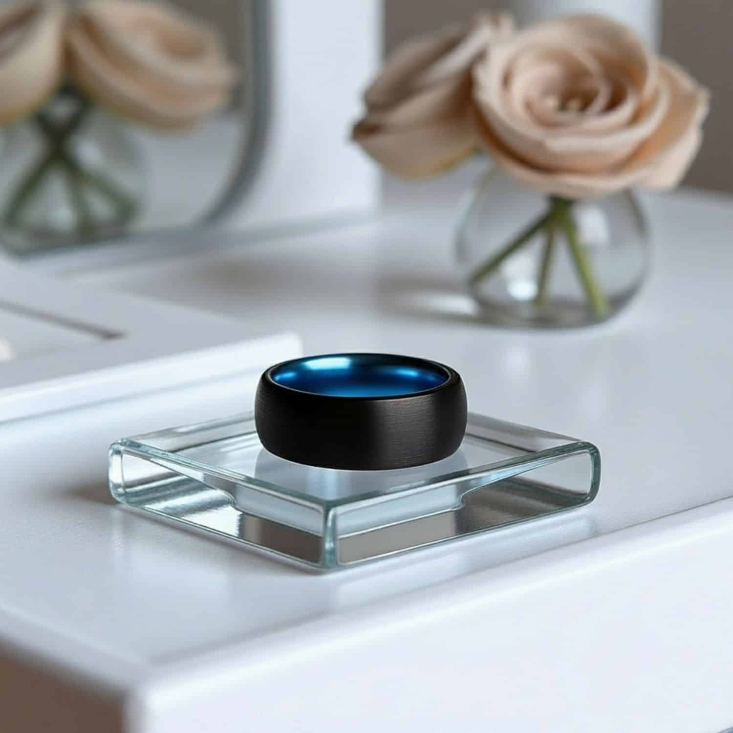 Black brushed tungsten ring for men with blue interior, perfect as an engraved wedding or promise ring.