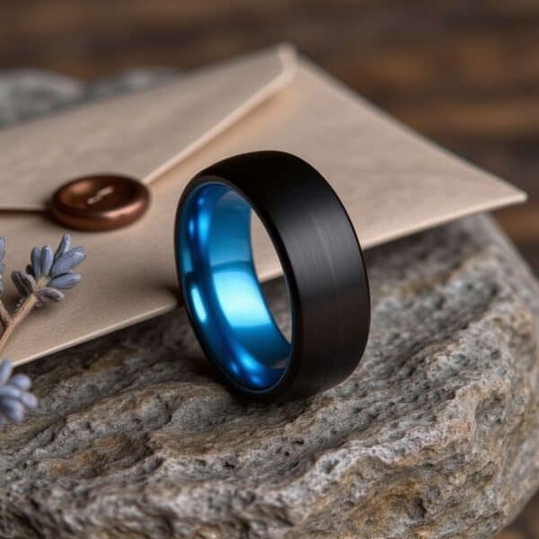 The Valley black tungsten men’s wedding ring with blue interior and personalised engraving.