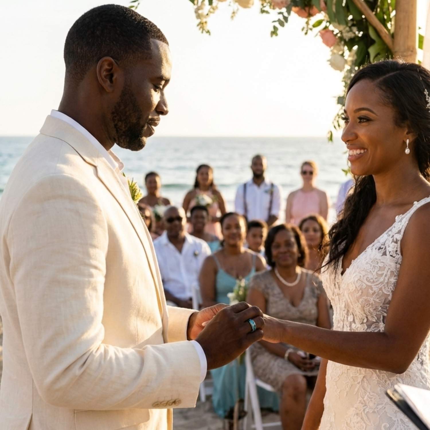 Bride and groom holding hands during their beach wedding as the groom wears the Rio silver tungsten wedding band with turquoise and abalone shell inlays.
