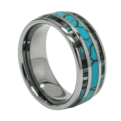 The Rio turquoise and abalone shell tungsten ring for men, custom engraved wedding or statement band.