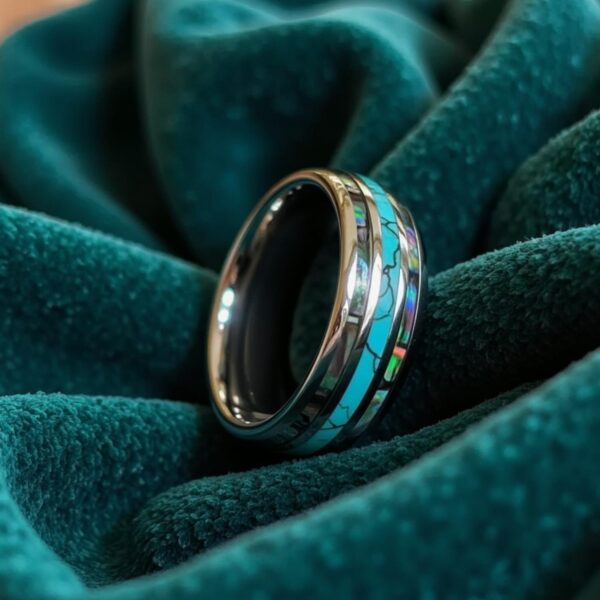 The Rio turquoise and abalone shell tungsten ring for men, custom engraved wedding or statement band.