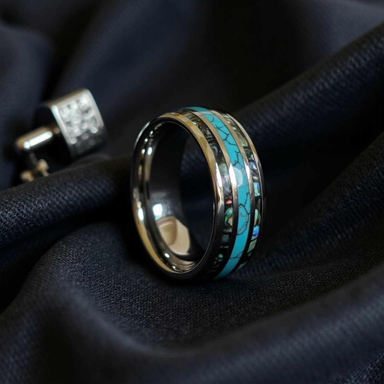 Tungsten men’s ring with turquoise and abalone shell inlay, custom engraved wedding band.