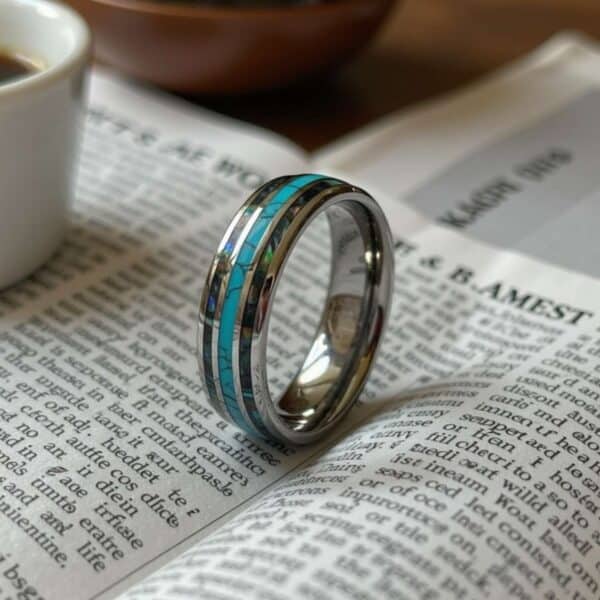 Turquoise and abalone shell tungsten ring for men with engraving, perfect as a wedding or eternity band.