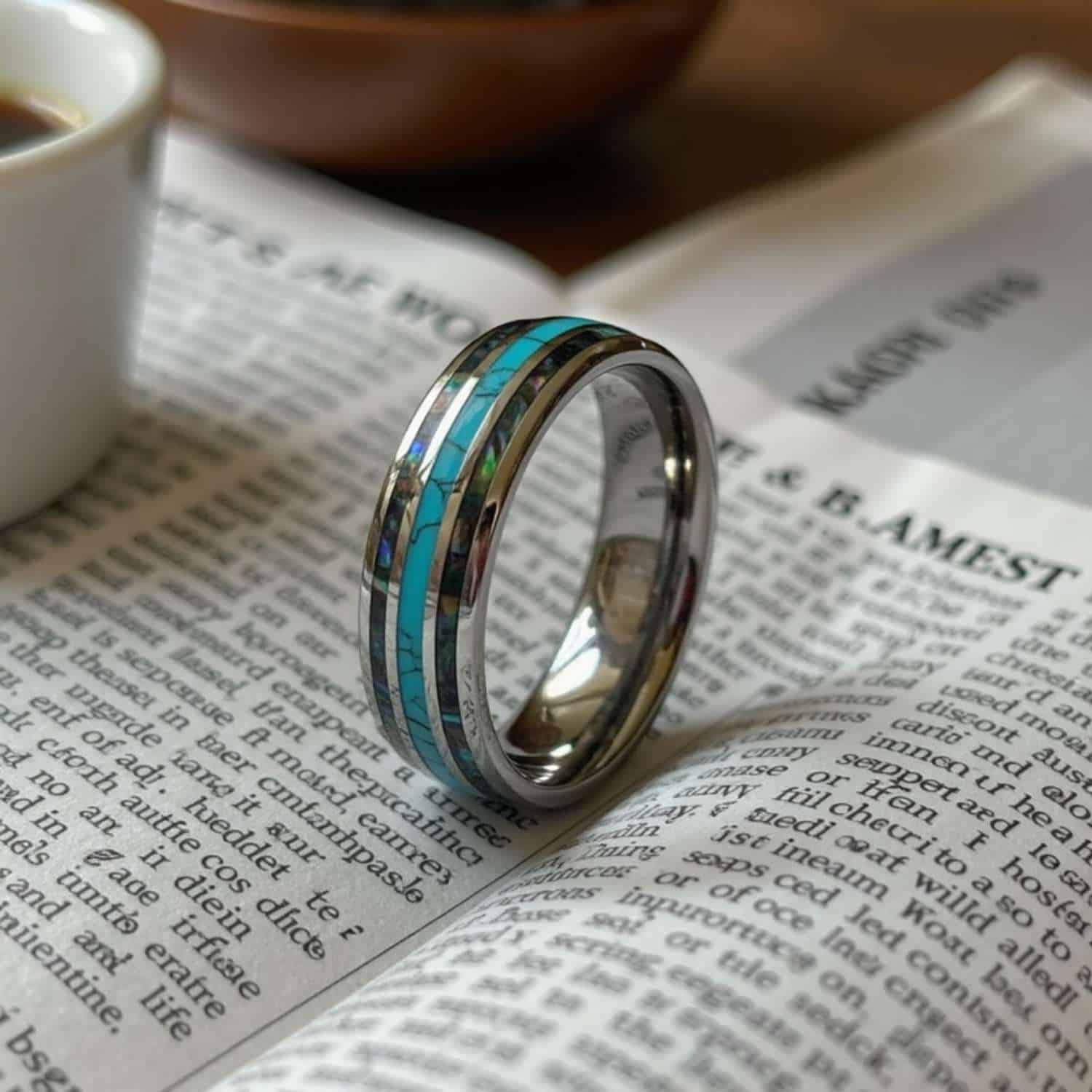 Turquoise and abalone shell tungsten ring for men with engraving, perfect as a wedding or eternity band.