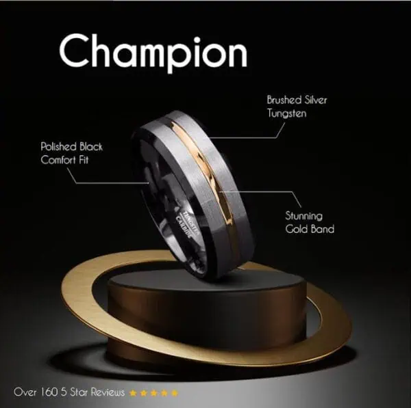Mens wedding ring silver gold and black tungsten 6mm 8mm