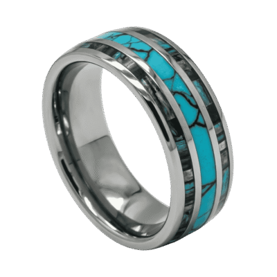 Professional close-up of the Rio polished silver tungsten ring with a vibrant turquoise centre and natural abalone shell inlays on a white background.