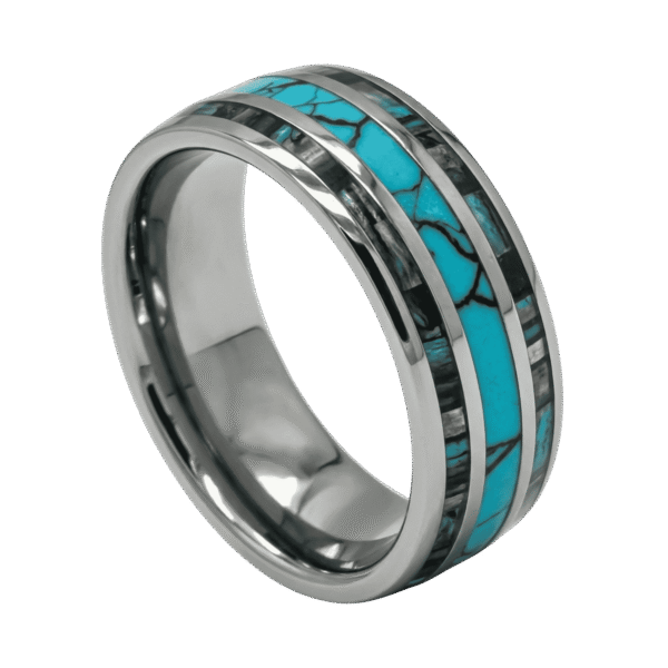 Professional close-up of the Rio polished silver tungsten ring with a vibrant turquoise centre and natural abalone shell inlays on a white background.