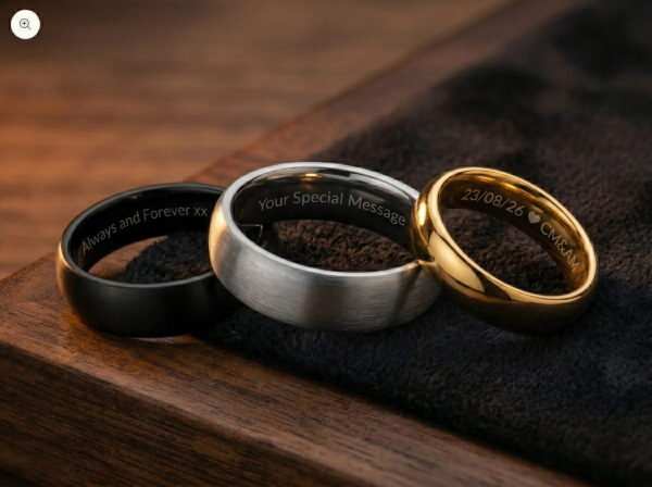 3 personalised rings laying their side