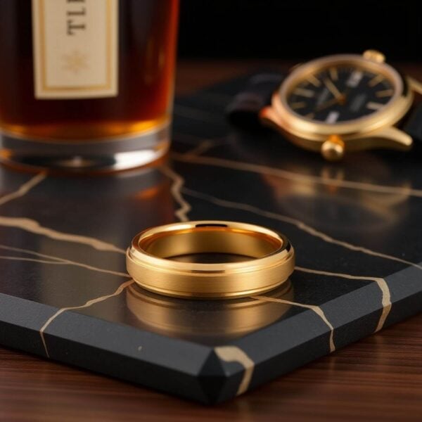 Brushed gold tungsten mans ring with polished edges.