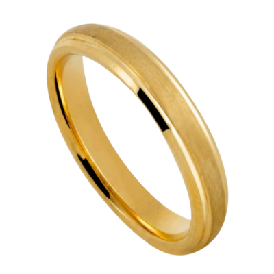 Close-up of the Eloquent Thin Style 4mm gold PVD tungsten carbide ring with a brushed raised centre and polished edges.