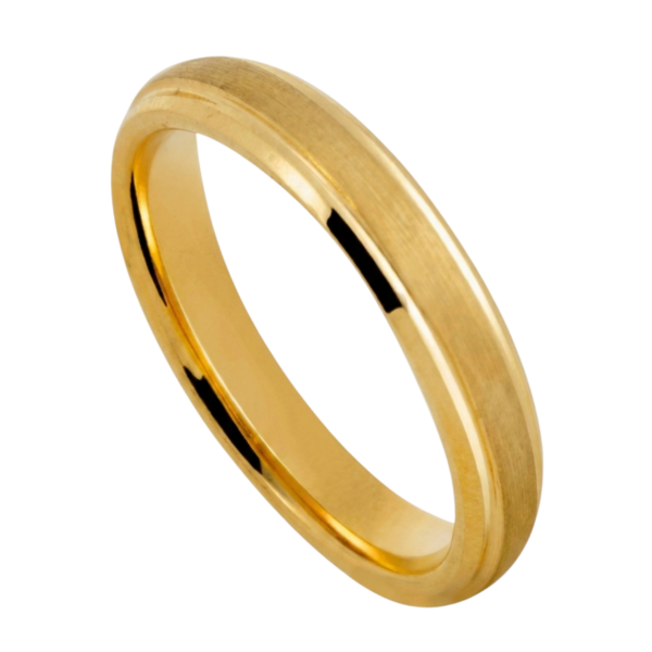 Close-up of the Eloquent Thin Style 4mm gold PVD tungsten carbide ring with a brushed raised centre and polished edges.