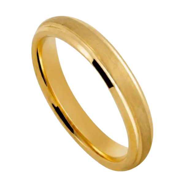 Close-up of the Eloquent Thin Style 4mm gold PVD tungsten carbide ring with a brushed raised centre and polished edges.