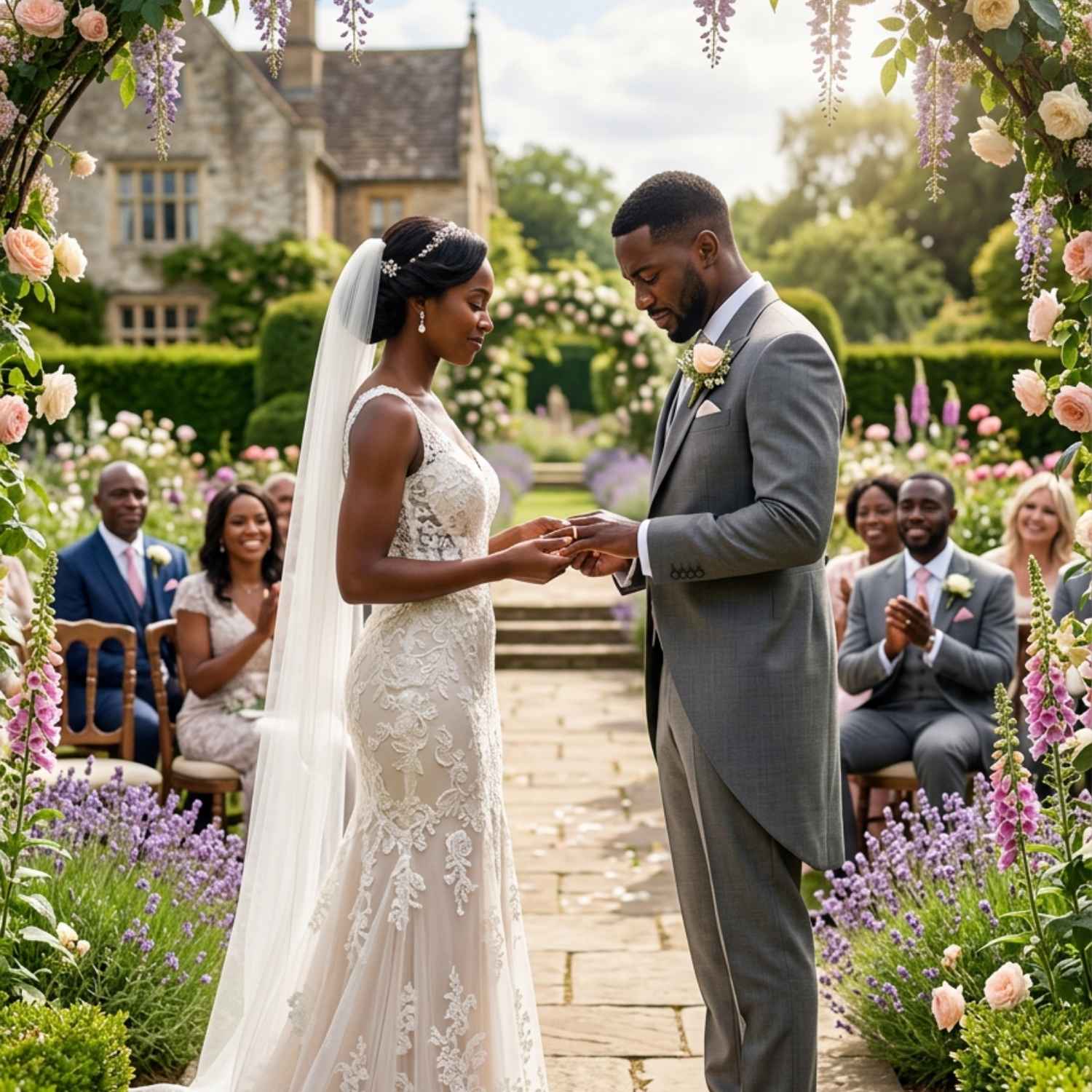 Bride and groom holding hands during an English garden wedding ceremony while the groom wears the Eloquent Thin Style gold tungsten wedding band.