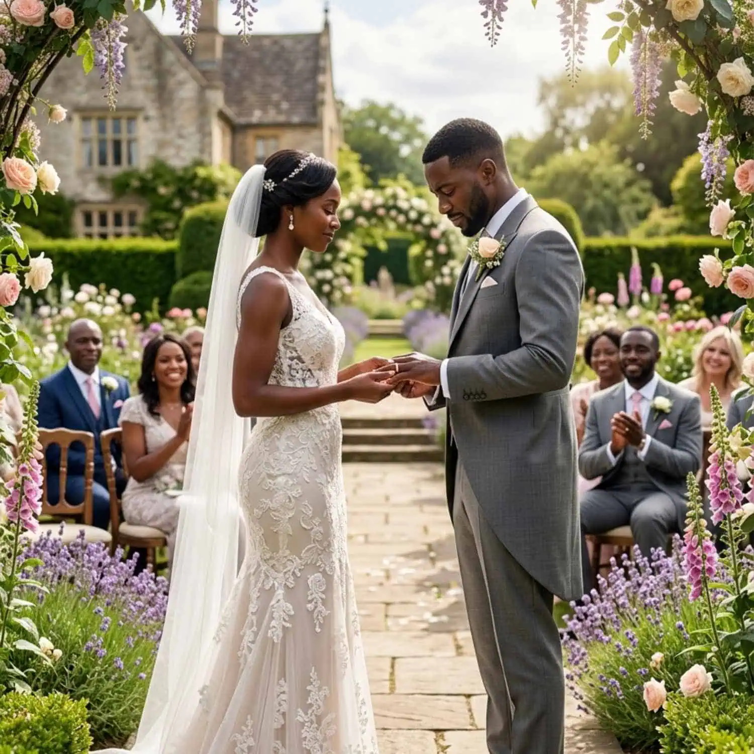 Bride and groom holding hands during an English garden wedding ceremony while the groom wears the Eloquent Thin Style gold tungsten wedding band.