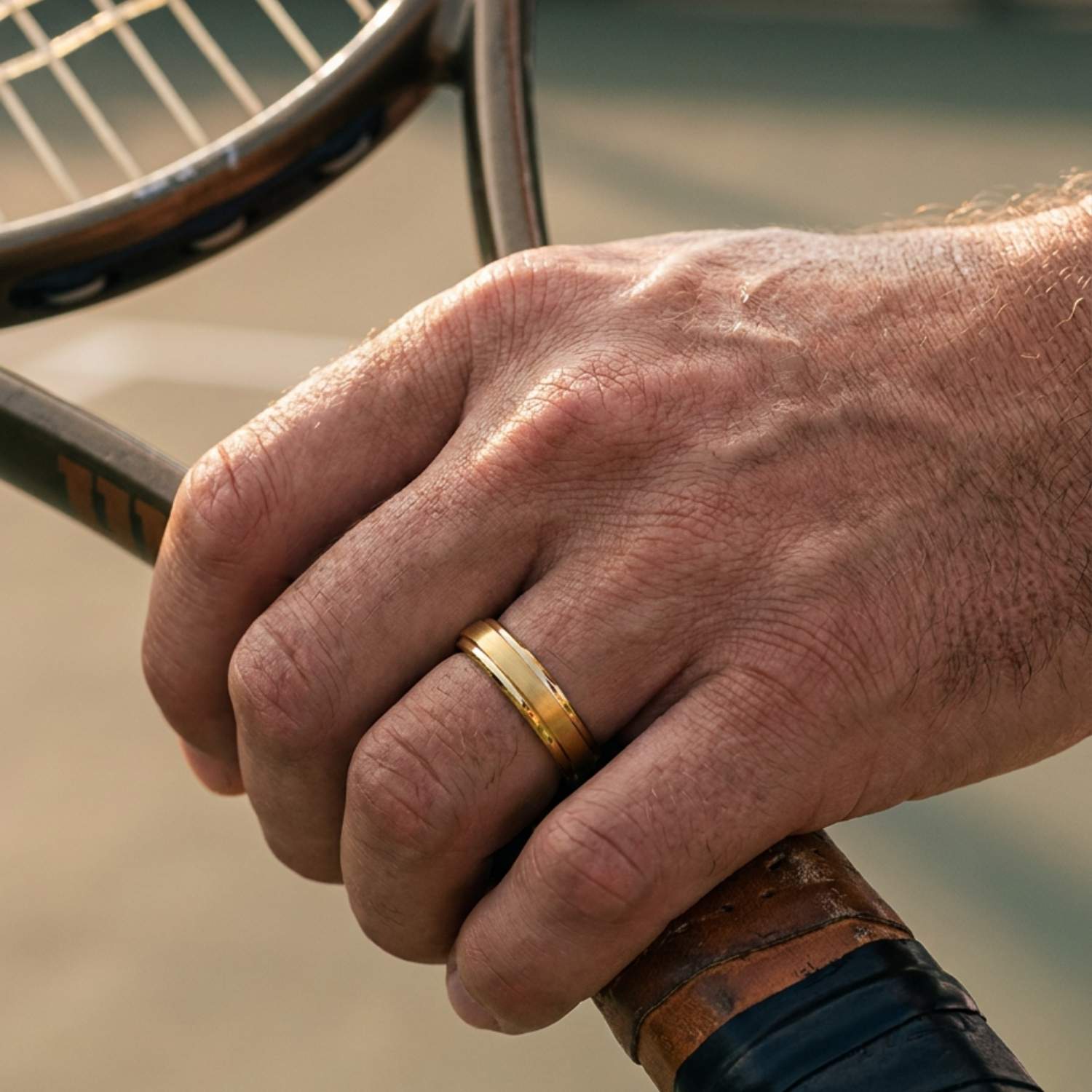 Close-up of a man holding a tennis racket while wearing the Eloquent Thin Style lightweight gold tungsten carbide ring.