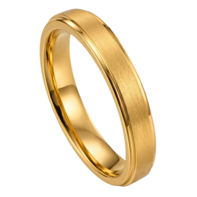 Close-up of a men's slim 4mm tungsten carbide ring with a warm gold PVD finish, raised brushed centre and polished gold edges, isolated on a transparent background.