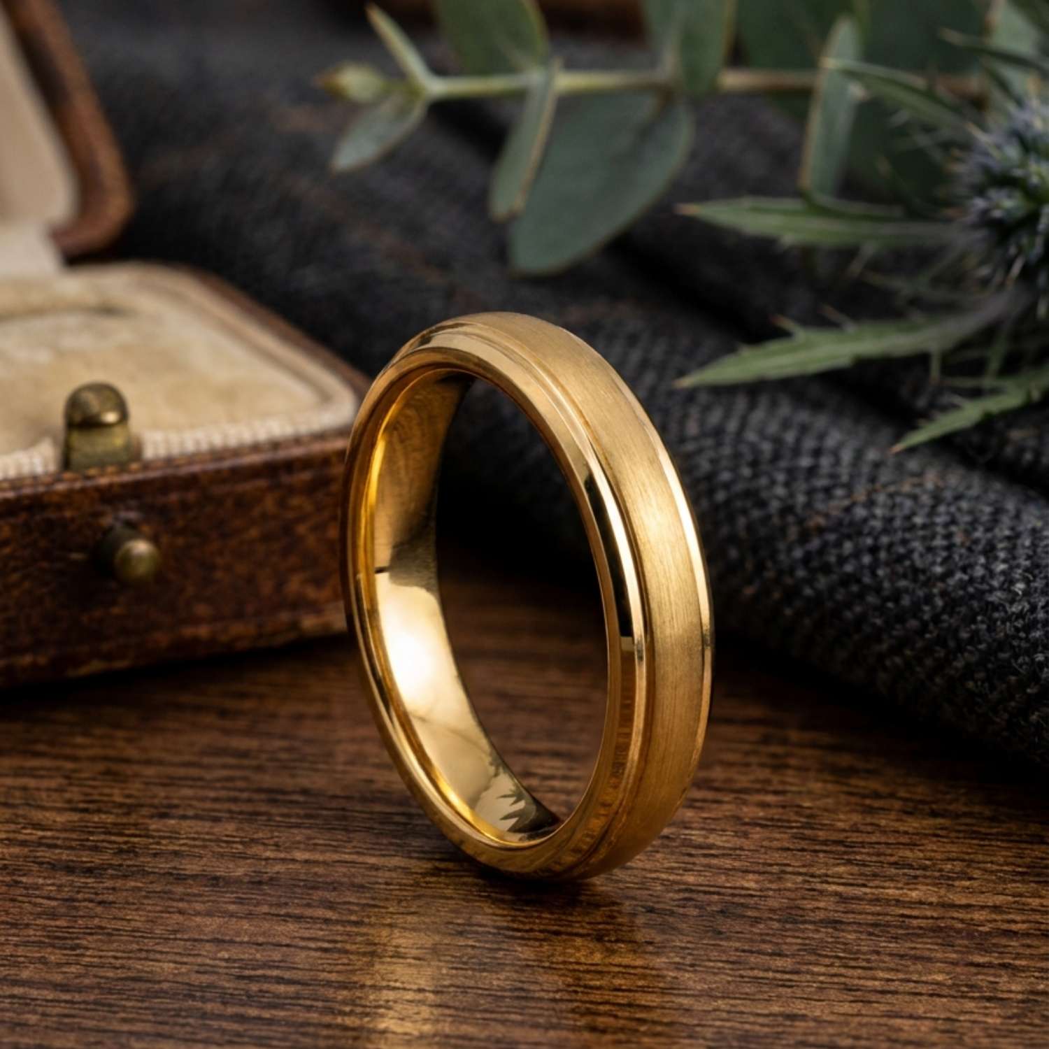 Eloquent Thin Style gold PVD tungsten ring standing upright on a wooden table with green leaves and a wooden wedding ring box in the background.