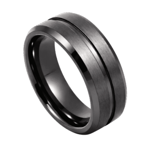 A close up of a gunmetal grey ring on a white background. Made with tungsten, the ring features two brushed sections and a smooth polished groove.