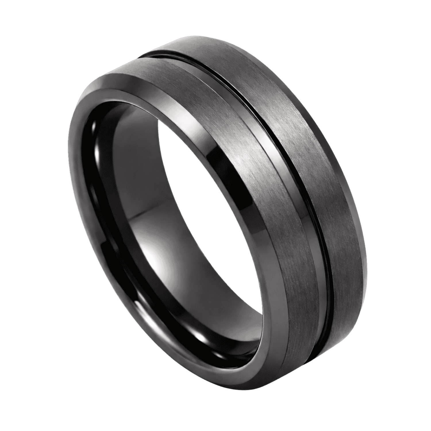 A close up of a gunmetal grey ring on a white background. Made with tungsten, the ring features two brushed sections and a smooth polished groove.