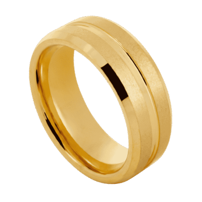 Close-up of the Valour gold tungsten ring featuring two raised brushed sections, a polished centre groove, and polished bevelled edges.