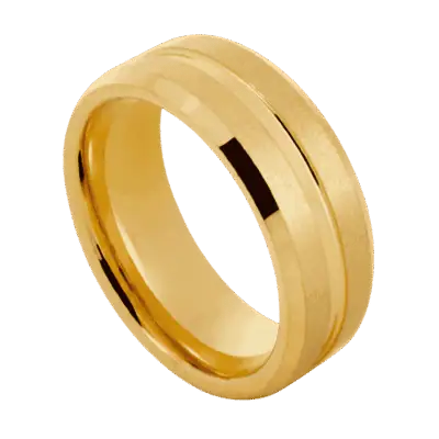 Close-up of the Valour gold tungsten ring featuring two raised brushed sections, a polished centre groove, and polished bevelled edges.