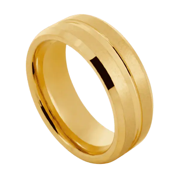 Close-up of the Valour gold tungsten ring featuring two raised brushed sections, a polished centre groove, and polished bevelled edges.