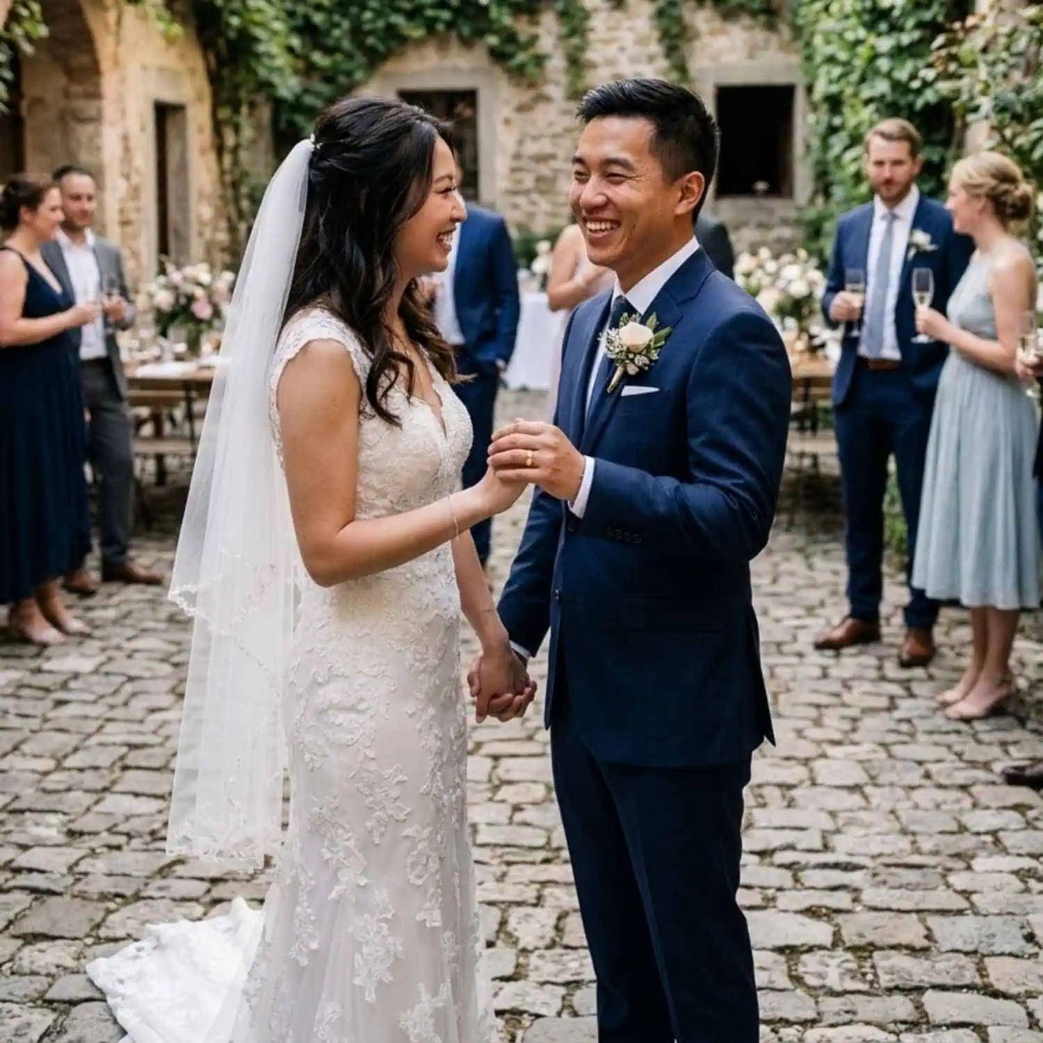 Bride and groom sharing a happy moment in a courtyard after their wedding while holding hands, with the groom wearing the Valour gold tungsten wedding band.