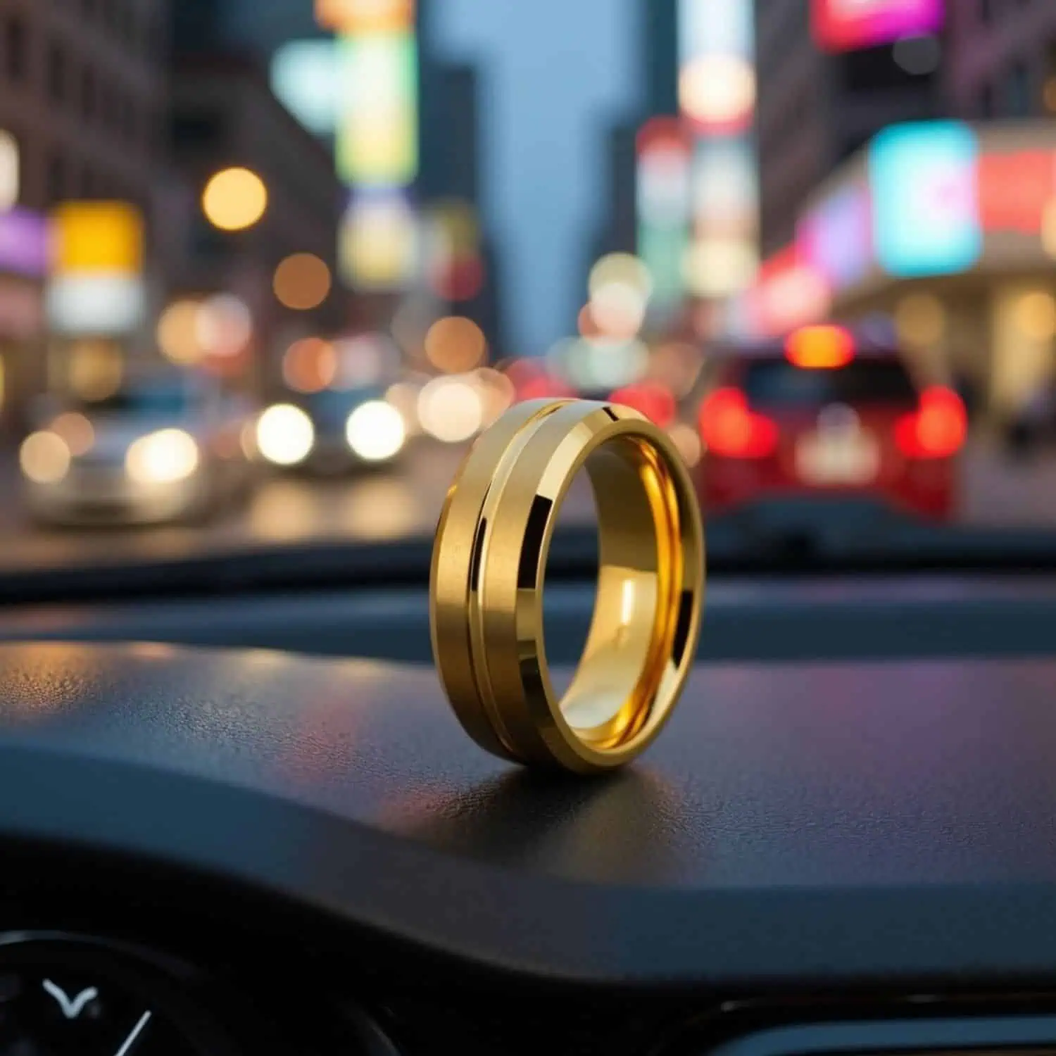 Valour men's gold tungsten ring standing upright on a car dashboard with blurred city lights and skyscrapers in the background.