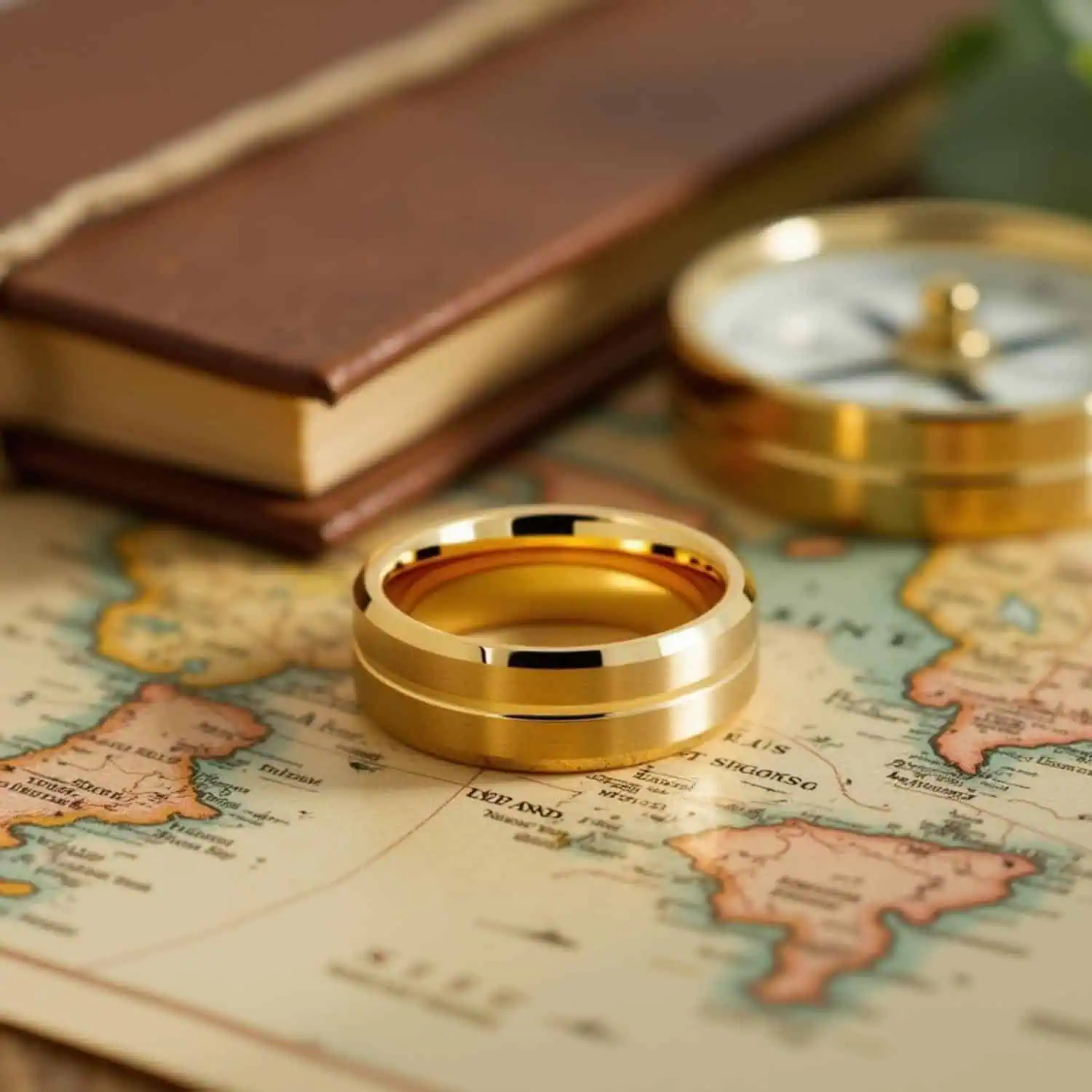 Valour men's gold tungsten ring laying flat on a travel journal, world map, and compass, highlighting the polished centre groove and brushed gold sections.