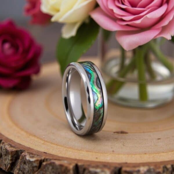Abalone shell tungsten male ring with engraving, a stylish statement or wedding band.