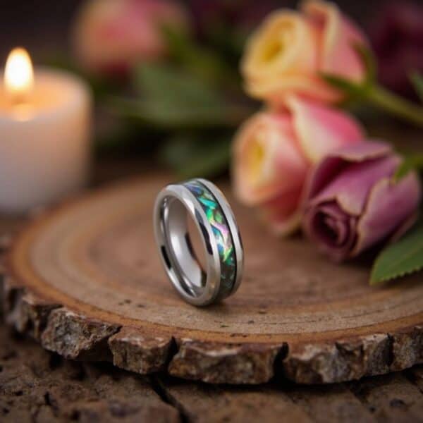 Abalone shell tungsten ring for men with custom engraving, ideal as a wedding or eternity band.