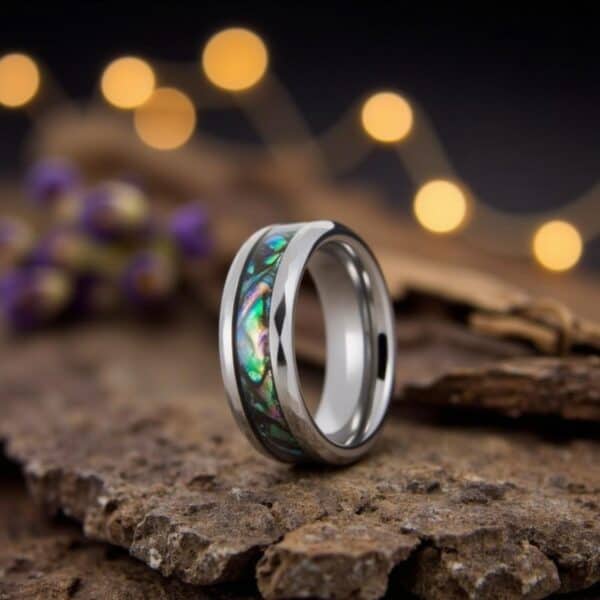 The Reef men’s tungsten ring with abalone shell inlay, perfect as an engraved anniversary band.