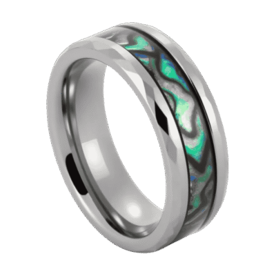 Men’s tungsten wedding band with abalone shell inlay and personalised engraving option