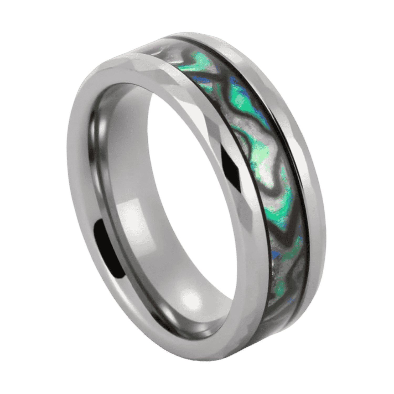 Menโs tungsten wedding band with abalone shell inlay and personalised engraving option